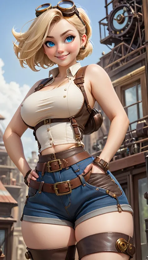 girl, young, beautiful face, cute face, smiling, fair skin, blonde hair, blue eyes, short stature, steampunk, explorer, colossal breasts, overly sagging breasts, huge breasts, covered breasts, thick thighs, very thick thighs, wide hips, round butt, shorts,...