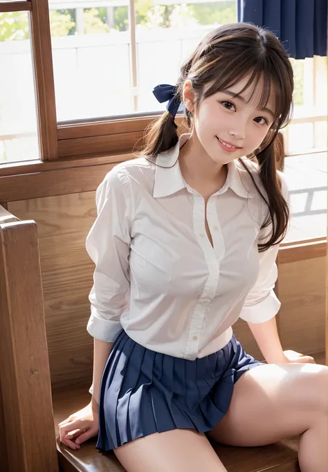 (Highest quality,masterpiece:1.3,Ultra-high resolution),(Very detailed、Caustics) (Realistic:1.4, RAW shooting、)Ultra-Realistic Capture、Very detailed、Natural skin texture、masterpiece、(A Japanese elementary school girl wearing a white shirt with a navy blue ...