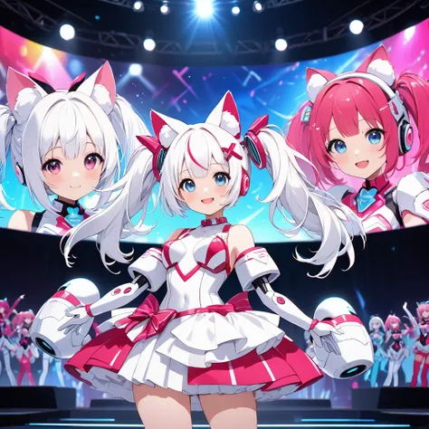 a futuristic stage performance by two robot idols, 1 girl has red twin tails, cute face, red and white robotic outfit with barrette, fully robotic body with slightly large bust, cyber idol outfit, the other girl has short white hair and fluffy pink cat ear...