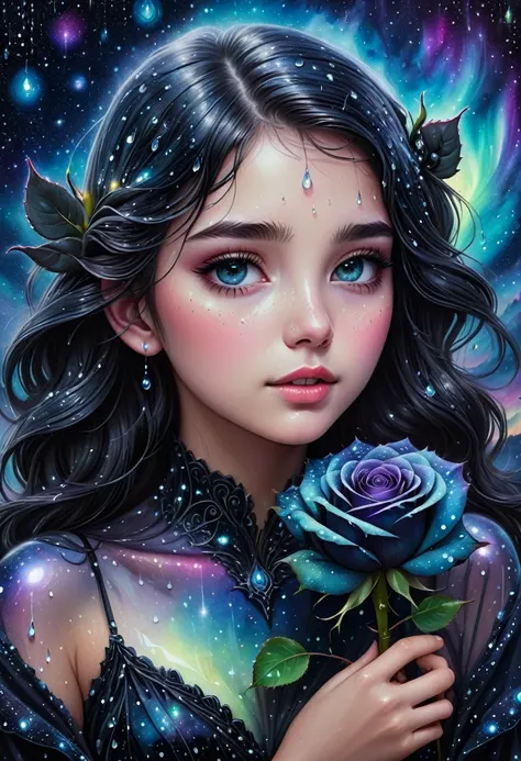 gorgeous 19 year old girl, beautiful, Darling, with a black rose in hand, dew drops on rose petals, ultra-detailed, hyperrealism, intricate details, Very detailed, crazy background with galactic constellations and northern lights, acrylic, shading