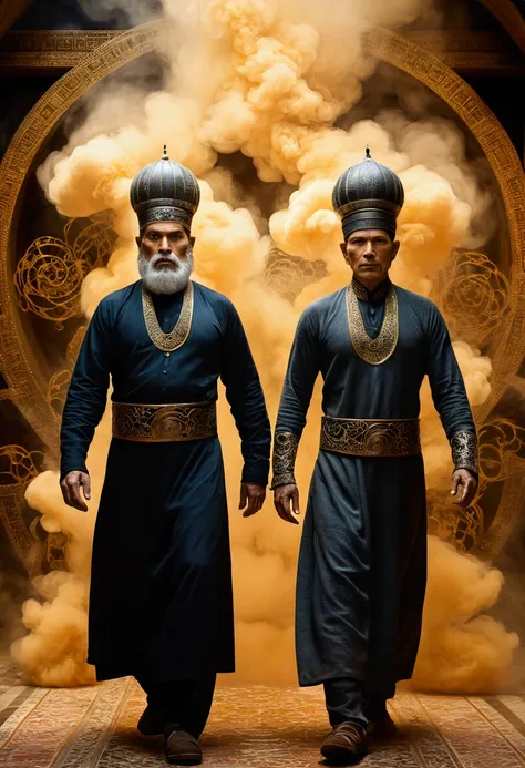 Ethereal photo of 2 men, 45 years, , emerging from swirls of smoke and vapors, by the wide, Steve McCurry style, Intricate artwork masterpiece, ominous, golden ratio, trend on CGSociety, Intricate, epic, trend in artstation, by artgerm, h. r. giger y beksi...