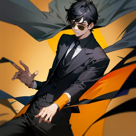 Young boy with black hair with black sunglasses and a suit with cape