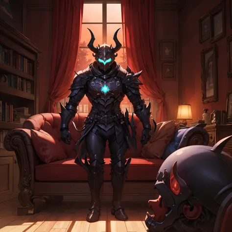 slime, monster, black armor, helmet with horns, red glowing, indoors, living room, crimson room, sunset, morning