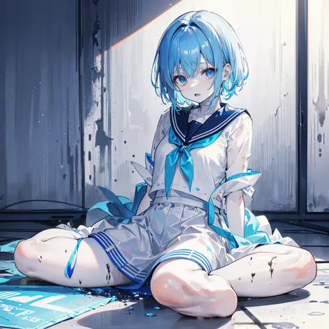 One Woman,boyish((White skin, sitting on the floor, sadness,Despair)) background((blue,Muddy color))Straight face,Open mouth Light blue hair,ショートボブ blue目,There are no highlights,Sailor suit without shine,blue色 ペンキがかかる,blue 