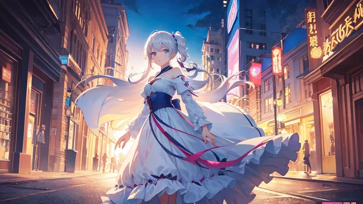 Magazine Coverスタイル, Cinema Lighting, 8k, Panorama, masterpiece, Anime style images、It depicts a captivating scene of a young girl gracefully walking down a vibrant red carpet.。. Her beautiful white hair、It contrasts beautifully with the dark blue dress.。, ...