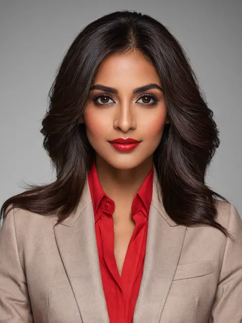 create for me a brown woman with dark brown hair and eyes, stylish in a red blaize, very professional and an office
