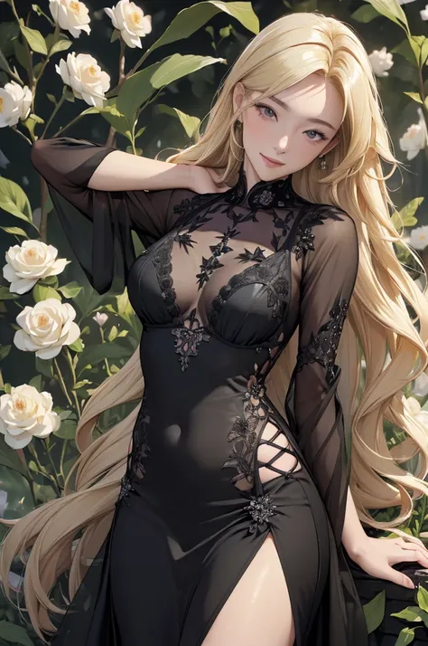 (masterpiece, High resolution, Very detailed:1.3), One girl, One arm behind head, (smile:0.5) Edge Petal, Woman in a black dress, wearing Edge Petal, Garden Background, Dim break (Long blonde hair), Middle parted hair