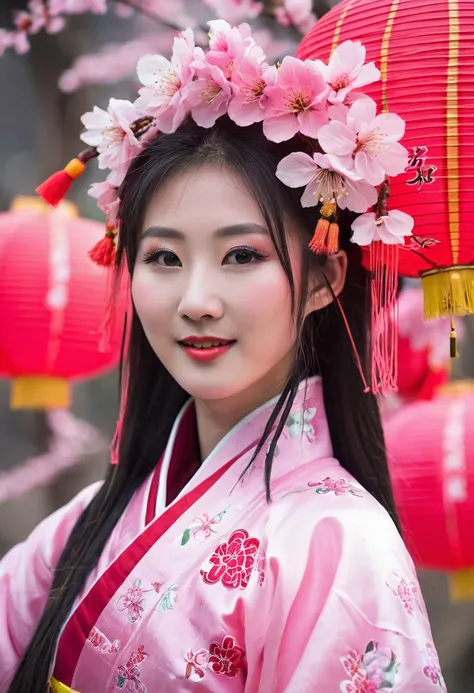 closeup of a young Chinese woman dressed as a qiqaos celebrating the cherry blossom festival in zhangjiajie with chinese lantern