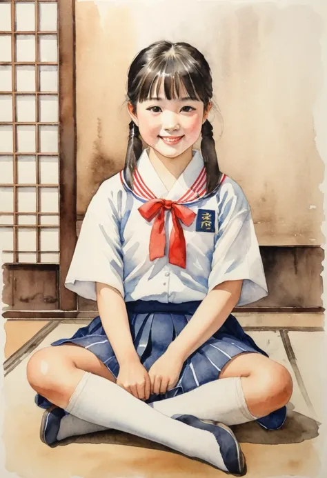 Japanese watercolor painting, 1school girl, look at viewer, detailed face, sitting with holding knees on floor, spread legs, symmetrical, gentle smile