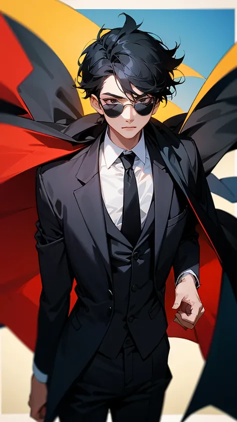 Young boy with black hair with black sunglasses and a suit with cape