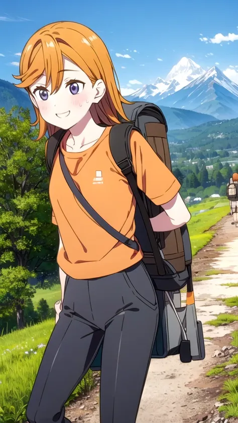 beauty　smile　embarrassing　blush　sweat　orange trekking style　rucksack　mountaineering　mountain trail　nature