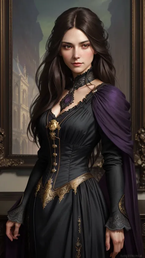 8k portrait of beautiful woman with long dark brown hair, Intricate, elegant, Highly detailed, Majestic, Digital photography, art by artgerm and ruan jia and greg rutkowski modest victorian black dress, violet eyes, smirking slightly expression, (Masterpie...