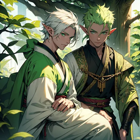 make a boy human with white hair and green eyes wearing a kimono next to an elf girl with green hair and green eyes wearing an archer outfit in a kingdom with dark fantasy aesthetics 