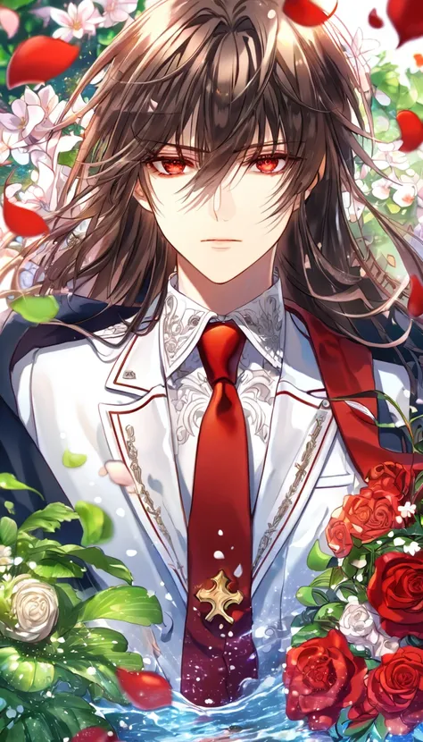 Ultra detailed, HDR, Highres, absurdres, master piece, Kuran Kaname, dark brown hair, expressive red eyes, white jacket with black trimmings, white shirt, red necktie, Vampire Knight, sexy man, handsome, flowers, petals, fantasy, magical, green leaves, sum...