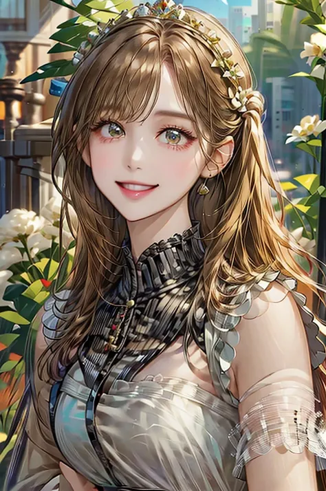 girl、Background is white、smile、Her hair color is brown.、Illustrated、Country Style、Checked dress、Wearing a crown of flowers、Realistic、Staring at me、Clothes with short sleeves