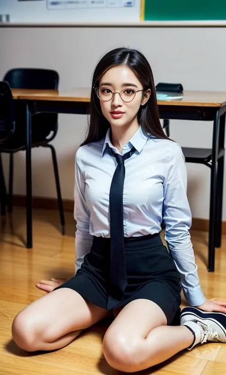 (A gorgeous Chinese lady, age 28, professional lecturer, wearing formal office attire, blazers, sky-blue tie, long-sleeve white shirt with buttons, pencil mini-skirt, ITZY sneakers, sitting on the classroom floor,

(fabulous, geeky, feminine, gentle,
frien...