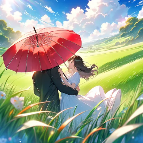 romantic couple, grassy plain, cheerful, romantic, red umbrella, embracing, looking into each others eyes, love, joy, open landscape, clear blue sky, fluffy clouds, lush green grass, vibrant colors, detailed, HD clarity, background slightly blurred, depth ...