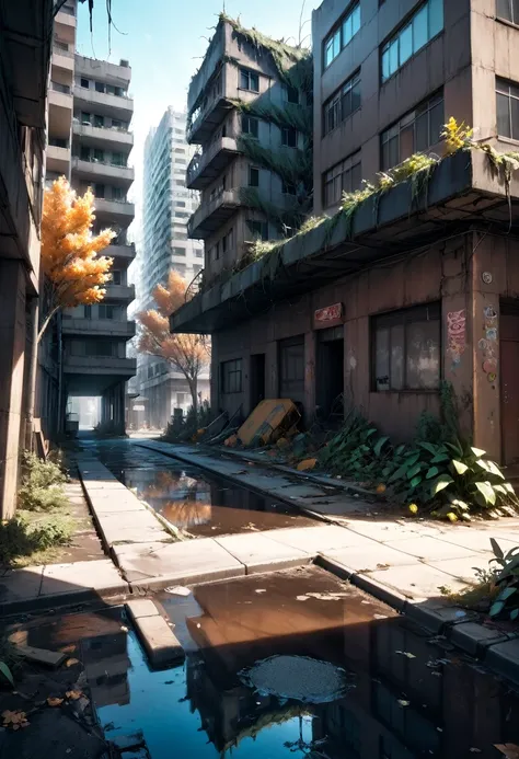 1 girl, post-apocalyptic desert, Post-apocalyptic cityscape. collapsed skyscrapers and destroyed houses, abandoned playgrounds, trees and plants growing on the sidewalk, photorrealistic, Intricately detailed architecture, running water on the ground, Unrip...