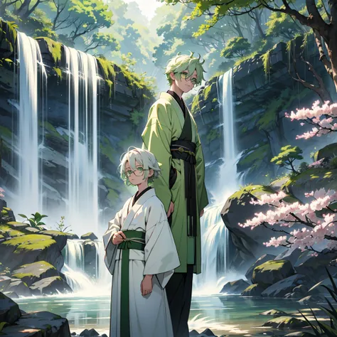 make a boy with white hair and green eyes wearing a white kimono next to a small girl with short light green hair and green eyes wearing glasses and a dark green kimono in front of a clearing next to waterfalls and sakura trees