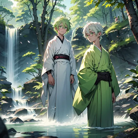 make a boy with white hair and green eyes wearing a white kimono next to a small girl with short light green hair and green eyes wearing glasses and a dark green kimono in front of a clearing next to waterfalls and sakura trees