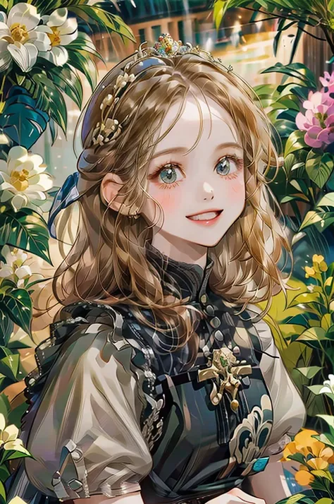 girl、Background is white、smile、Hair color is dark brown、Illustrated、Country Style、Checked dress、Wearing a crown of flowers、Realistic、Staring at me、Clothes with short sleeves