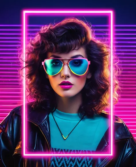 Create an image that transforms the original photo into an 80s album cover, blending vintage and modern styles. The image should have a retro touch with a design that includes exotic lights and vibrant colors typical of the era, such as neon pinks, blues, ...