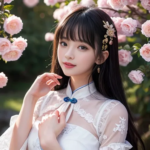 best quality, Delicate face，beautiful visual work, lifelike, eternity, black hair, Long curly hair, blunt bangs, Smile, 在flower园里, flower, Detailed Background, Delicate face，pink blush，cold，((masterpiece))、(top quality)、8k、high detail、Super detailed，21 yea...