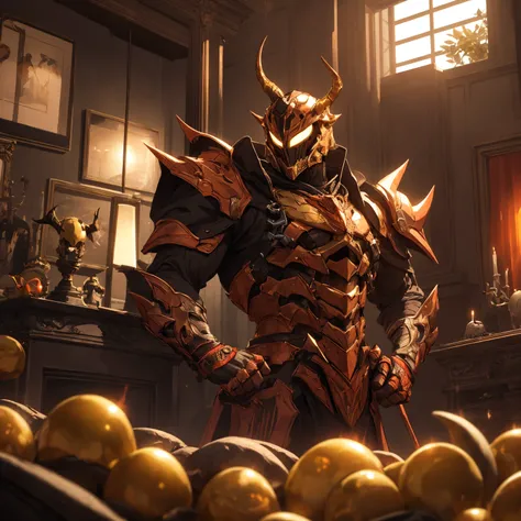 Golden Slime, monster, black armor, helmet with horns, red glowing, indoors, living room, crimson room, sunset, morning
