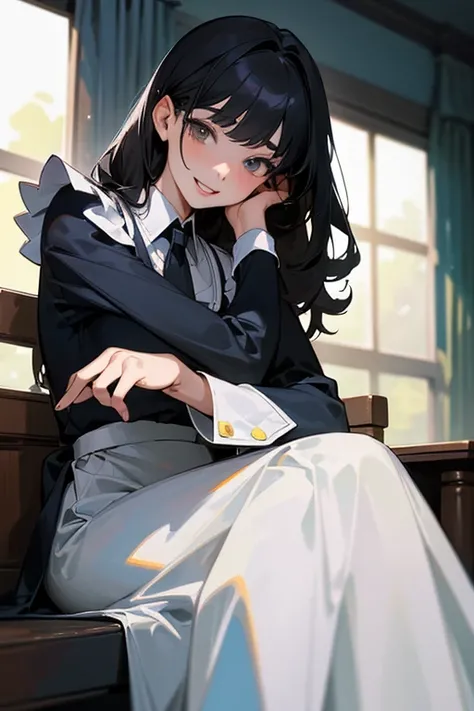 (Highest Resolution, clear_image) highest quality, Single person, One Woman, alone, masterpiece, Very detailed, Semi-realistic, Black Hairのショートヘア, Black Hair, bangs, 18-year-old, mature, light blue uniform, uniform, Indoor Background, kind, Authoritative, ...