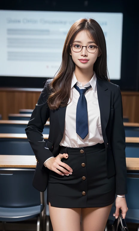 (a gorgeous chinese lady, age 28, professional lecturer, wearing formal office attire, blazers, sky-blue tie, long-sleeve white ...