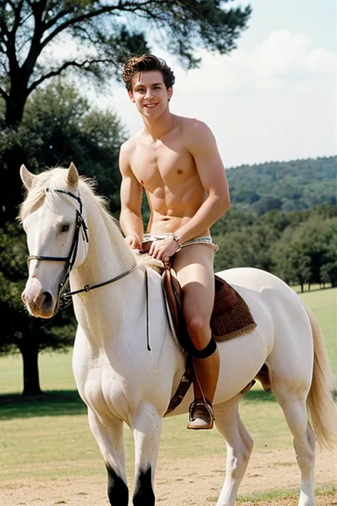  Young cute handsome white skinny beautiful face shirtless naked on top of a white horse cute man&#39;s rear  