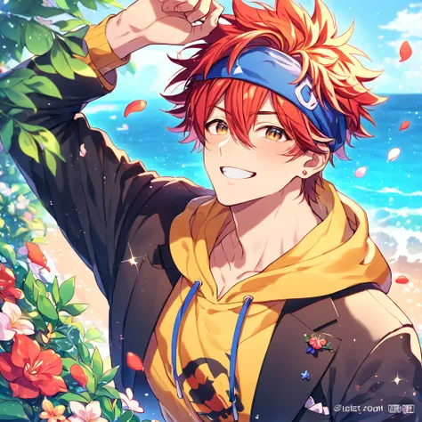 Ultra detailed, HDR, Highres, absurdres, master piece, Kyan Reki, red hair, expressive brown eyes, Sk8 Infinite, blue headband, black jacket, yellow hoodie, sexy man, handsome, flowers, petals, fantasy, magical, green leaves, summer, handsome, sensual, bes...