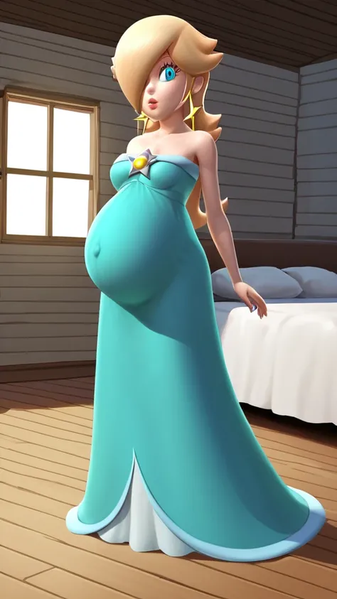 score_9, score_8_up, 1girl, solo, rosalina, style parody, thick outlines, blue dress, sleeveless, strapless, cleavage, indoors, bedroom, pregnant belly, big belly