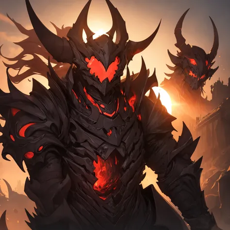 Red Slime, monster, black armor, helmet with horns, golden glowing, sunset