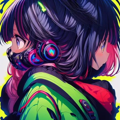 1girl,(((Highest quality、Masterpiece、Official Art、Super detailed、Anime Style、The best dynamic composition、profile、Perfect Anatomy)))、 Headphones, hoodie, Vibrant colors, neon, White background、gas mask、