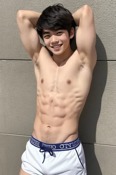 One boy, high school student, Japanese, fair skin, Galando, Galando, Galando, armpit hair, armpit hair, armpit hair, smiling, 
Abdominal muscles