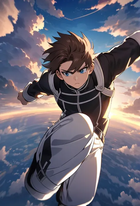 A serious brown-haired, Wavy shoulder-length blue-eyed 17 years old boy, With a black jacket with white details and white pants, Scene in the sky, character falling, calm, clear, sky, clouds, Boku no hero academy style