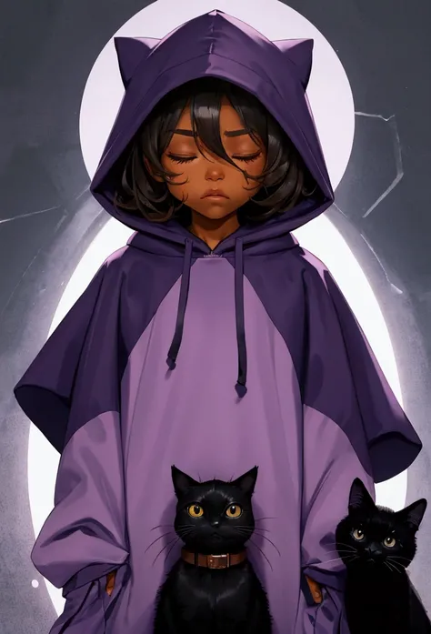 A little child with purple hood up  with Carmel skin, cant see eyes, hood covers eyes, holding a black cat, straight face