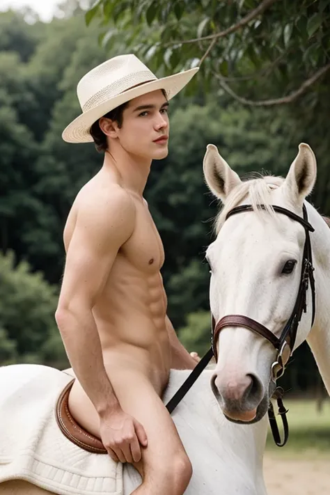  Young cute handsome white skinny beautiful face without shirt naked on top of a horse white cute butt of man hat