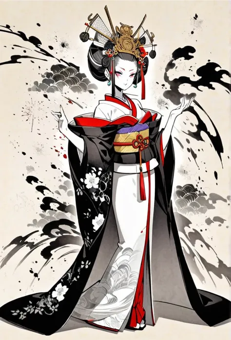 ink and ink painting,black and white painting,splash,,whole body,oiran,(gorgeous costumes,kimono,kimono,)oiran&#39;s hair access...