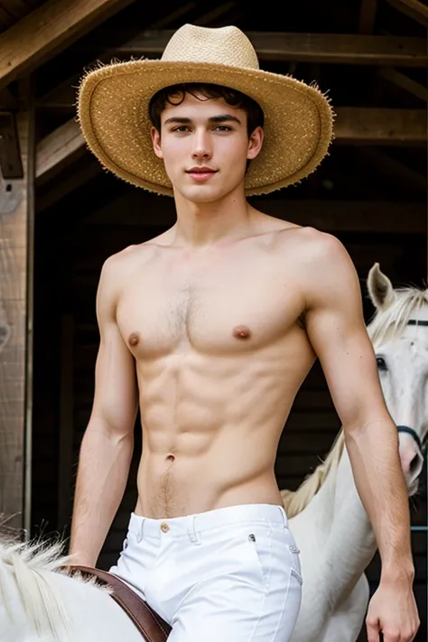  Young cute handsome white skinny beautiful face without shirt naked on top of a horse white cute butt of man hat