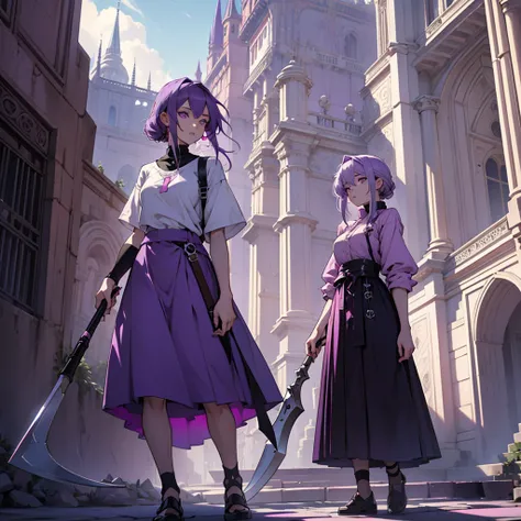 make a girl with purple hair and dark pink eyes wearing a light purple skirt and shirt holding a scythe with a skull on the end in front of a palace with several people