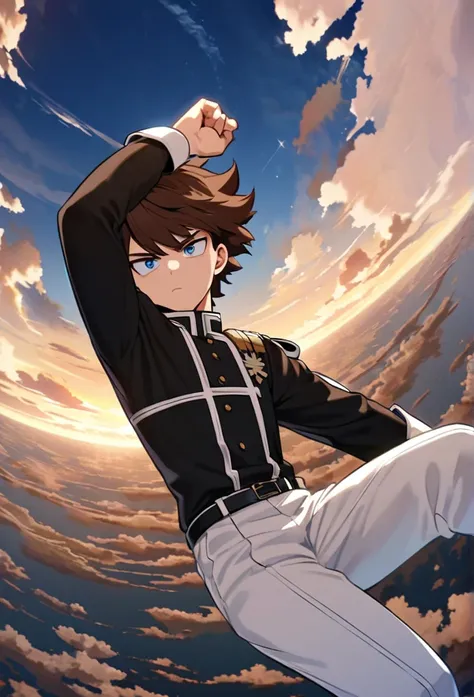 A serious brown-haired, Wavy shoulder-length blue-eyed 17 years old boy, With a black jacket with white details and white pants, Good anatomy, great pose, just, Scene in the sky, character falling, calm, clear, sky, clouds, Boku no hero academy style