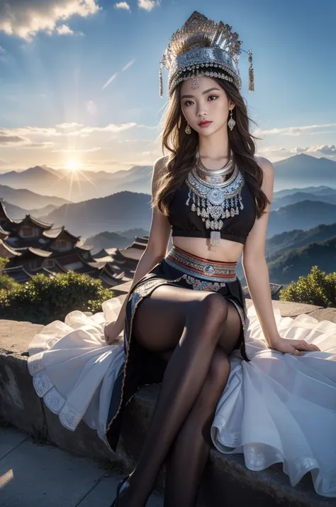 (whole body:1.5)，(1 Miao girl:1.3),(View viewer:1.4)，(anatomically correct:1.4),(Transparent pantyhose:1.3),(sit on the top of the mountain:1.2),(Wearing Miao costumes:1.2),,( pointed toe block heels :1.1),(precise、Perfect face shape:1.3),(long legs:1.3),W...