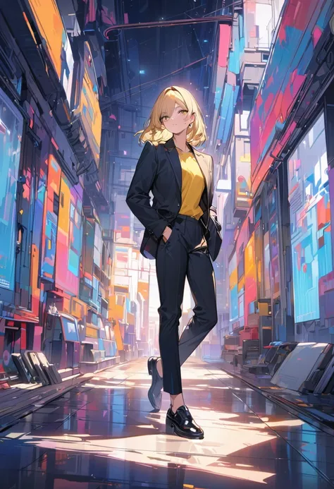 anime character, blond hair, wearing a black suit and yellow shirt, relaxed pose, one hand in pocket, simple design, white background, digital painting, clean lines, vibrant colors, stylish, charismatic expression, modern anime style, full body shot, well-...