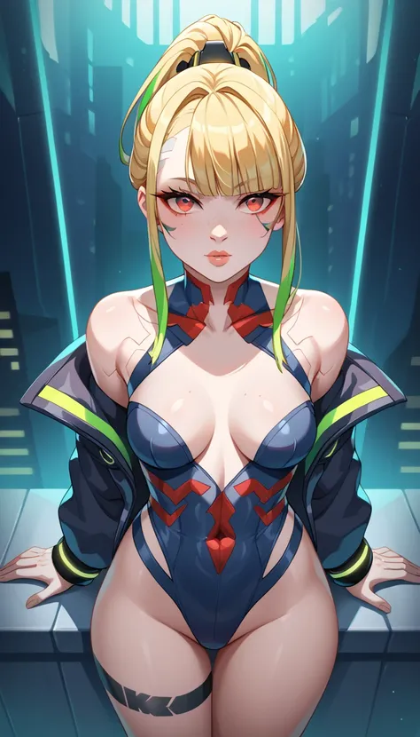 1 Girl, Medium Breasts, Golden Yellow Hair, Light Green Highlights In The hair, Red Eyes, Nice Eyes, Ponytail Hair Style, Freckles, Nice Lips, Nice Nose, Pale White Skin, Smooth Skin, Cyberpunk Style, Cyberpunk Clothes, NIghtcity Background, Neon Colors, 