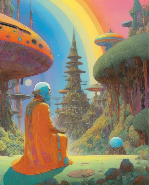 Moebius (Jean Giraud) Style - A spectacular composition by Jean Giraud Moebius, ((masterpiece)), ((best quality)), (highest quality masterpiece), (masterpiece), (masterpiece, best quality), in a futuristic theme. An awe-inspiring illustration of an alien s...