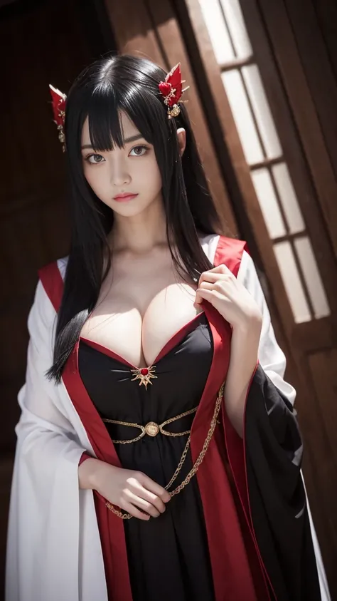 Mysterious woman, shrine maiden ,cute face, Straight hair, dark black color hair,Medieval mystery clothes, Mysterious hermit, White Magician,magical lights,albino,Red Eyes, Red glowing eyes,Magical powers,nsfw,cleavage,cleavag e cutout,cleavage