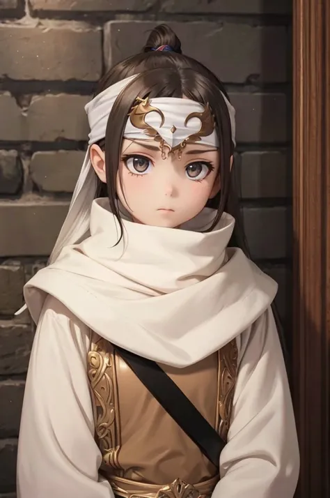 small child long hair standing  cowl  headband on forehead small room guarding protecting standing next to wall watching area no emotions sword on her back