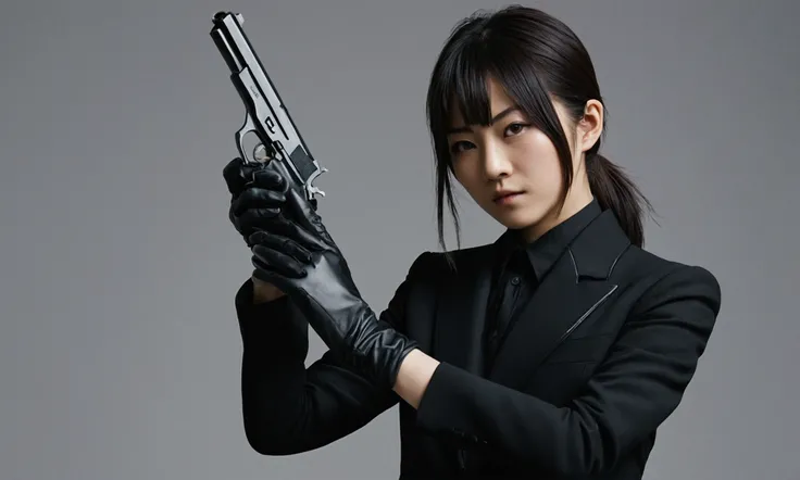 A Japanese girl in a black suit holding a gun with both hands in black leather gloves